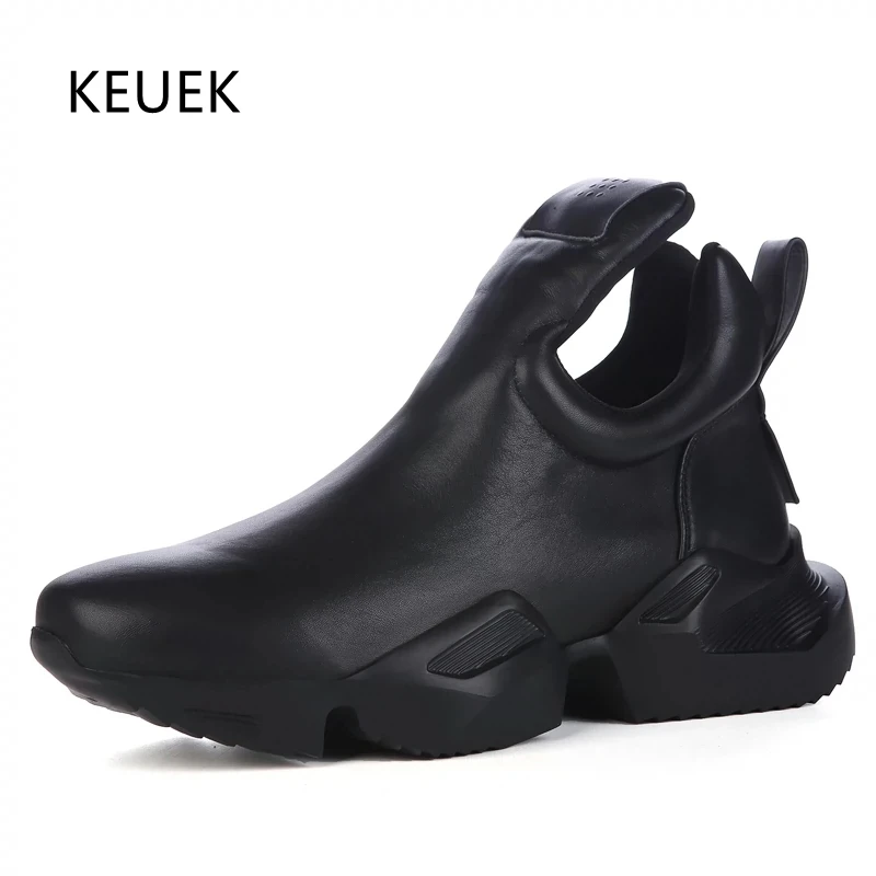 

Western Style Men Casual Shoes Black Genuine Leather Height Increasing Sneakers Outdoor Hiking Sports Running Shoes 020