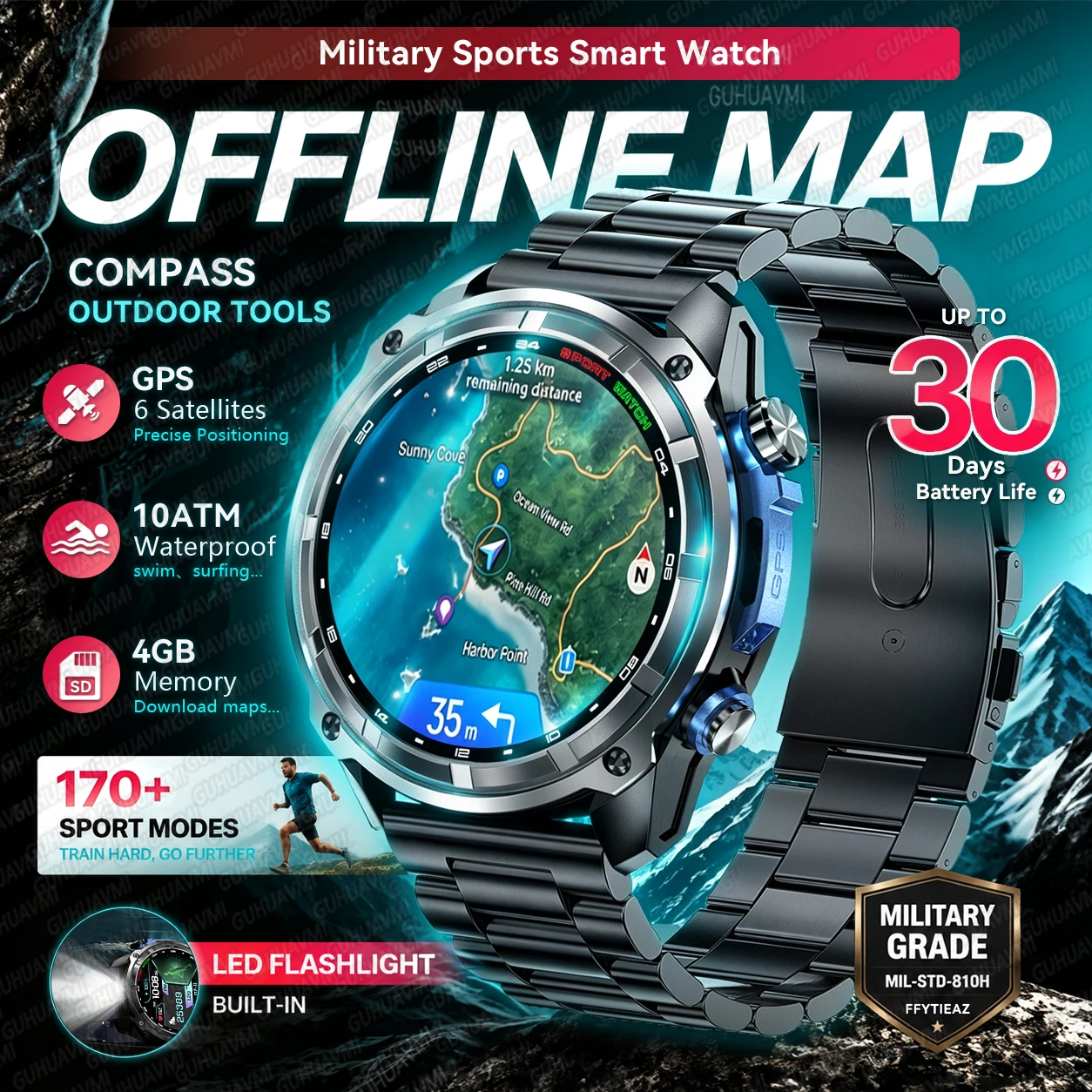 Фото Новые умные часы 2026 года с точной GPS-картой, офлайн-режимом, для мужчин, водонепроницаемость 10ATM, компас для плавания, видео, музыка, загрузка приложений, HD-звонки, мужские военные спортивные часы. №2