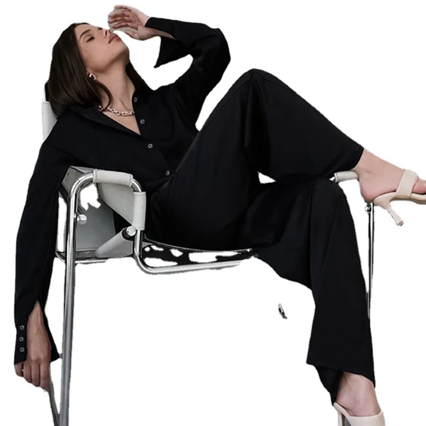 Autumn European / American Long Sleeved Pajamas Silk Like Loose Shirts Trousers Home Clothes Fashionable Cross-border Women 2PCS