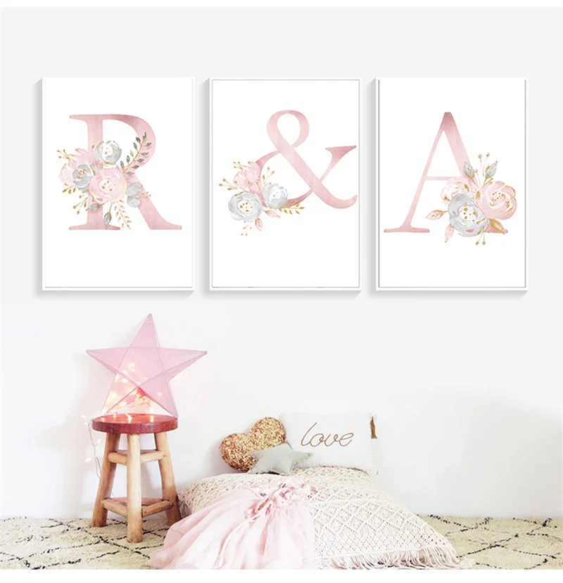 

Powder English Alphabet ABC Flower Poster And Prints Nordic Scandinavian Canvas Painting Living Room Home Decor Wall Art Picture