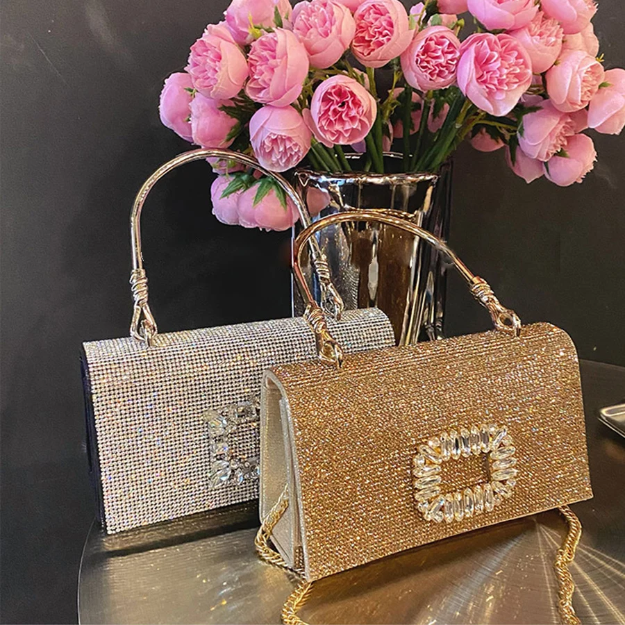 

Shiny Full-Diamond Square Crossbody Bag Square Button Rhinestone Women's Evening Bag Party Dinner Clutch Chains Shoulder Handbag