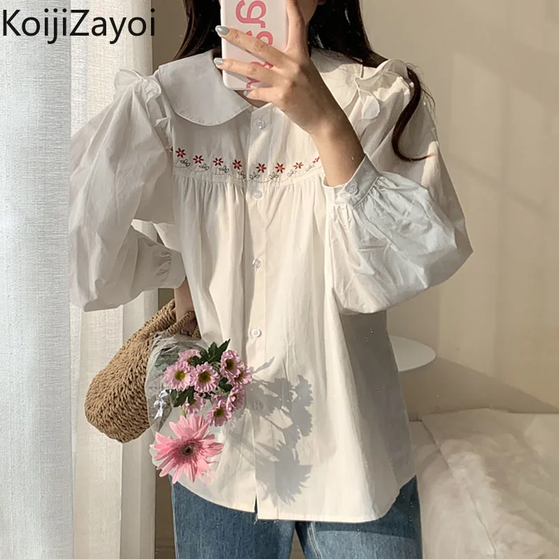 

Koijizayoi Sweet Women Casual Loose Spring Shirt Long Sleeves Peter Pan Collar Fashion Lady Solid Shirts 2022 Korean Tops