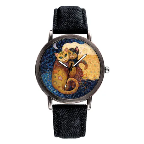 Часы наручные мужские/женские с абстрактным рисунком кота/звездного неба, модные повседневные, с полотняным ремешком, синие/черные, 2023