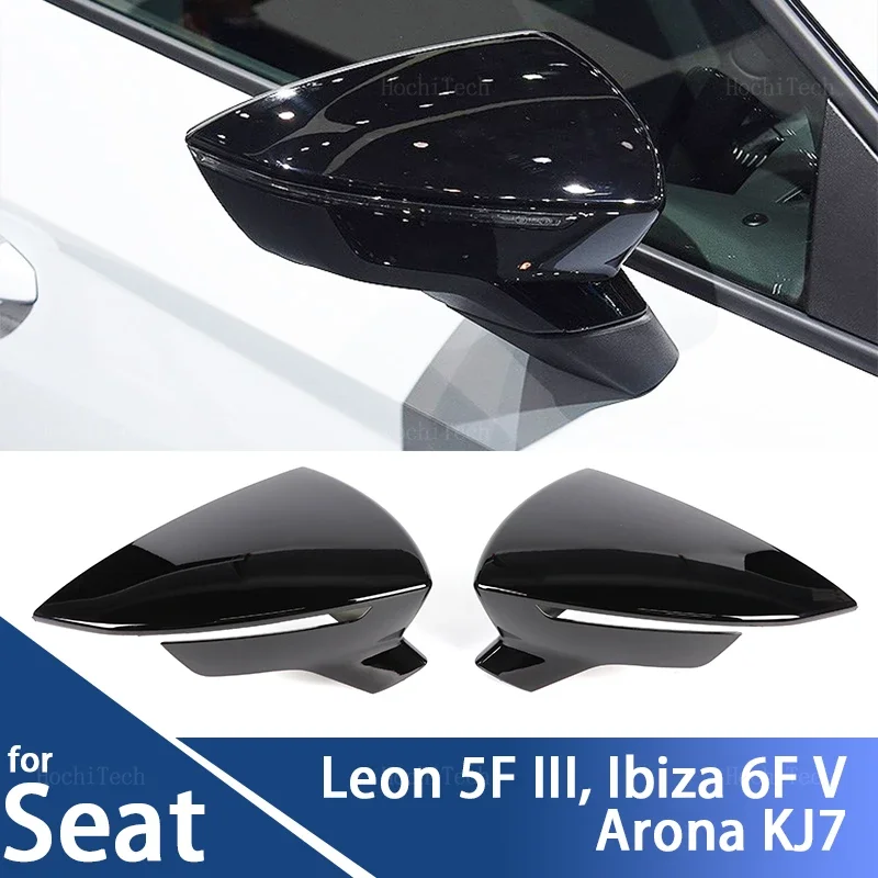 Фото Глянцевые черные накладки на зеркала для Seat Leon 5F III, Ibiza 6F V, KJ1, Arona KJ7, с эффектом карбона, аксессуары для боковых зеркал заднего вида №1