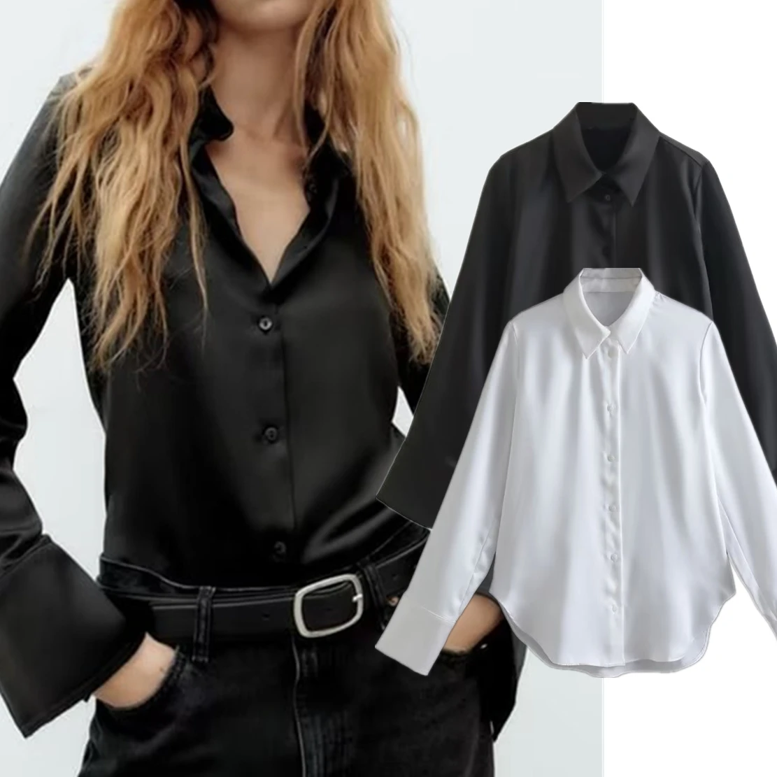 

Maxdutti England Style Satin Blouse Solid Loose Shirt Fashion Blouse Women