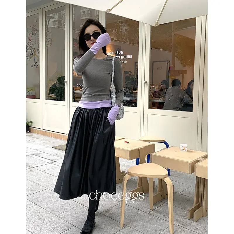 Свитер с длинными рукавами и имитацией двух частей милый женский облегающий