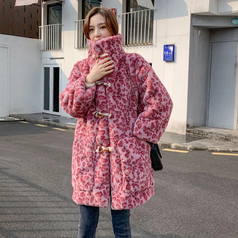 Winter Women's Rose Pink Leopard Faux Fur Medium Long Occupy Loose Coat Cow Horn Buckle Coat