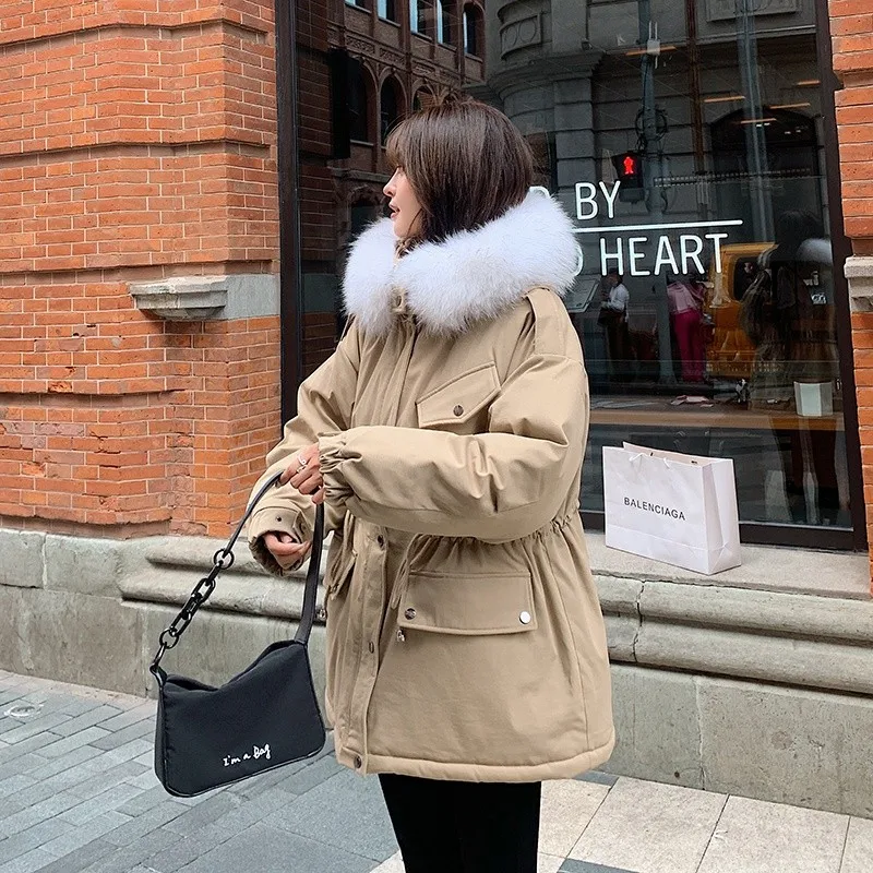 Women Fashion Fur Collar Hooded Loose Long Parkas Winter Coats Thick Cotton Padded Jackets Female Solid Loose Casual Overcoat