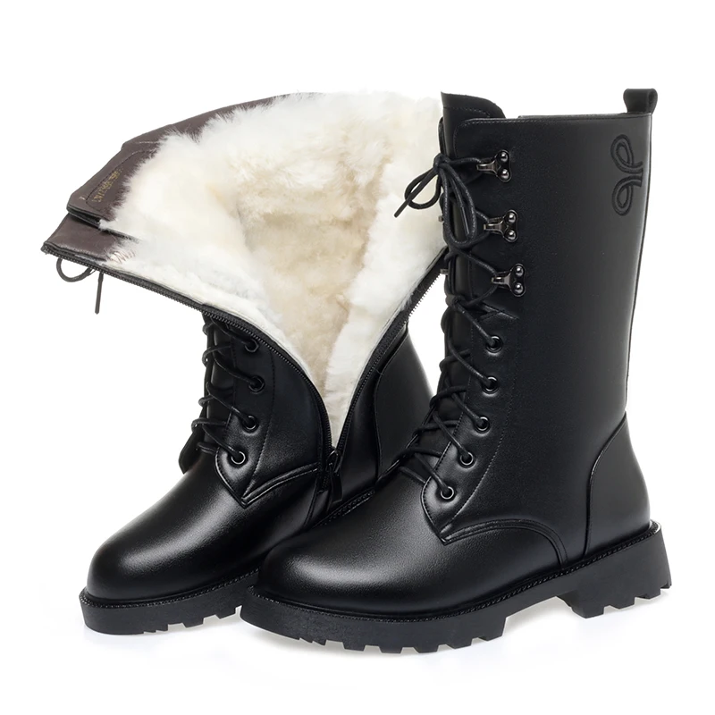 Black Fur Boots Female Leather Elegant Snow Long Boots Woman Winter 2022 Zip Up Designer Platform Shoes Women Heels Large Size