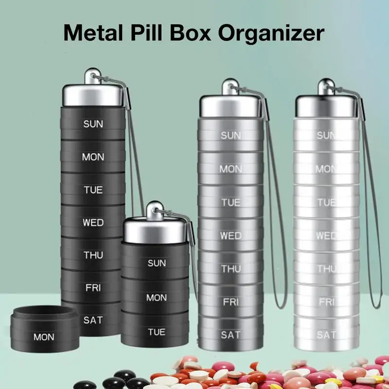 

Pill Organizer Pil Box Portable Pill Divider Case Weekly Aluminium Alloy Pill Storage Container Sealed Travel Tablets Holder Box