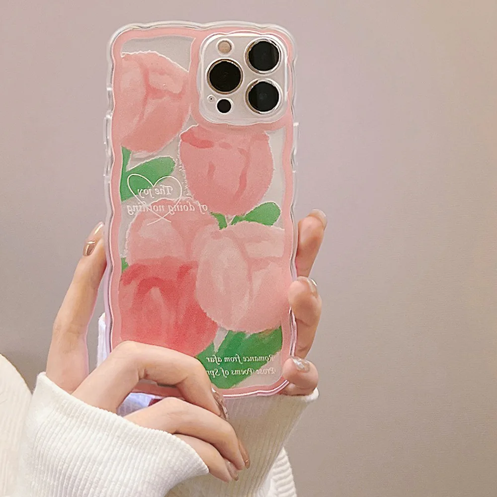 

Korean Cute Pink Tulip Flower Wavy Frame Phone Case For iPhone 11 12 13 Pro Xs Max Xr X 7 8 Puls SE 2 Cute Sweet Girl Cover