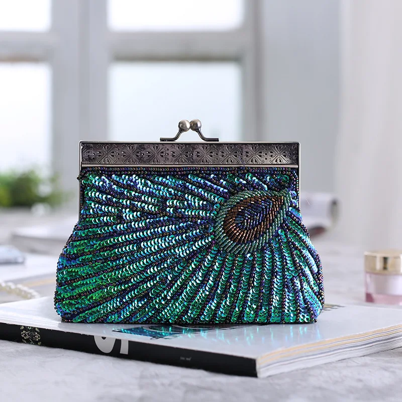 Купи Beaded Sequin Peacock Evening Clutch Bags Party Wedding Purse за 1,280 рублей в магазине AliExpress