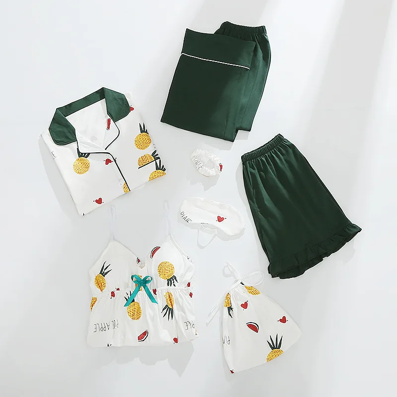 New Design Female Cartoon Cotton Sleepwear Pyjamas Pajama 7 Pieces Set For Women Girls Sleepwear Set HomeWear Casual Sleep Cloth