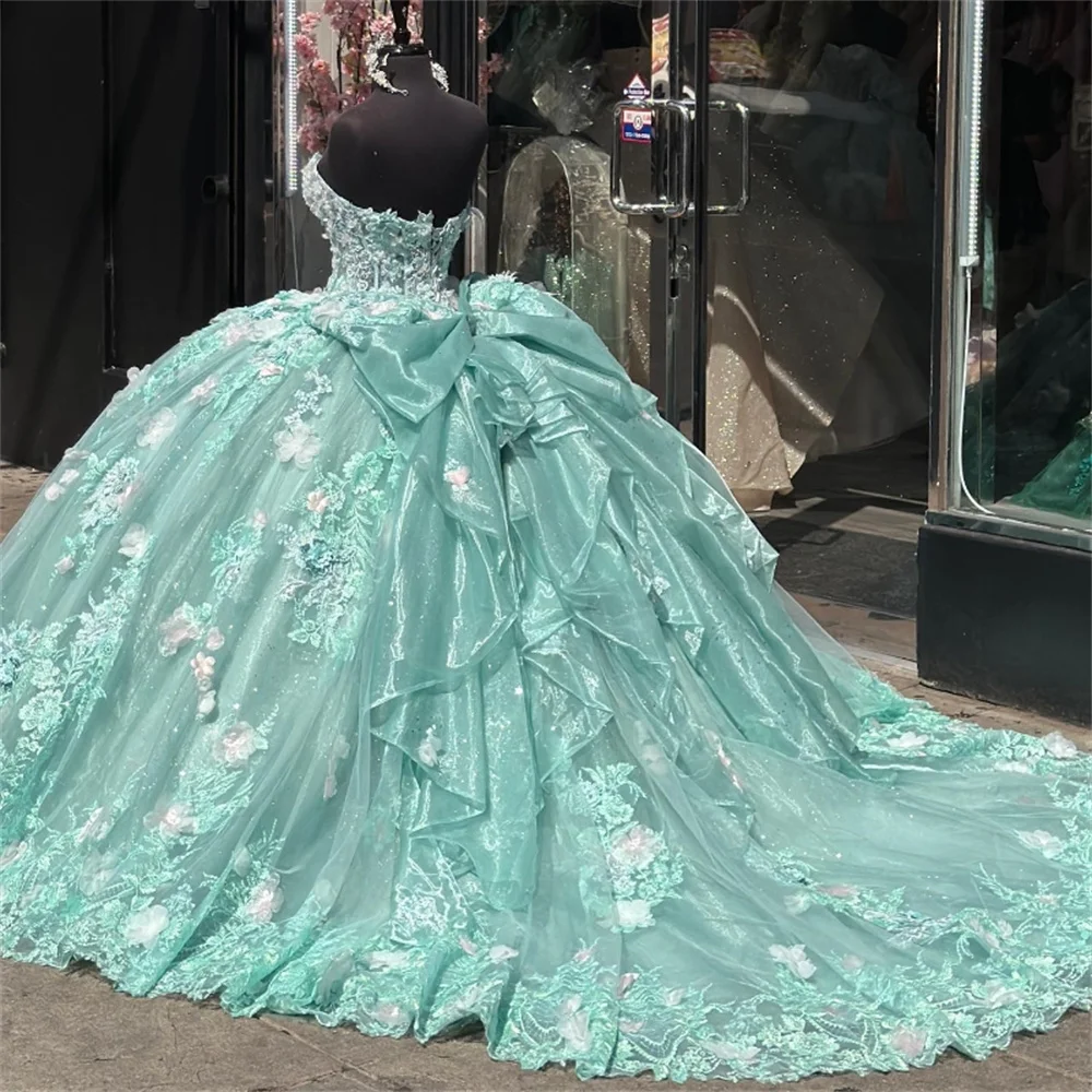 

Новое зеленое бальное платье с цветочной аппликацией, платья для Quinceanera 2024 с бантом, корсет с сердечком и бусинами, платья для 15 лет, платье на день рождения