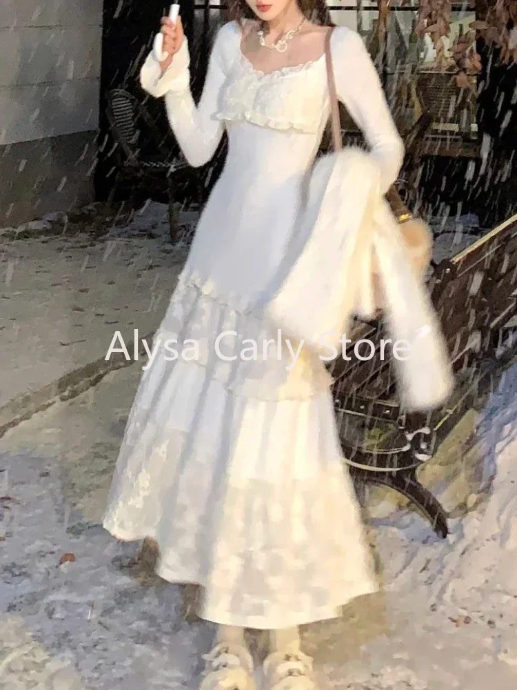 Весна 2024 элегантное вязаное платье женское кружевное лоскутное Koeran миди