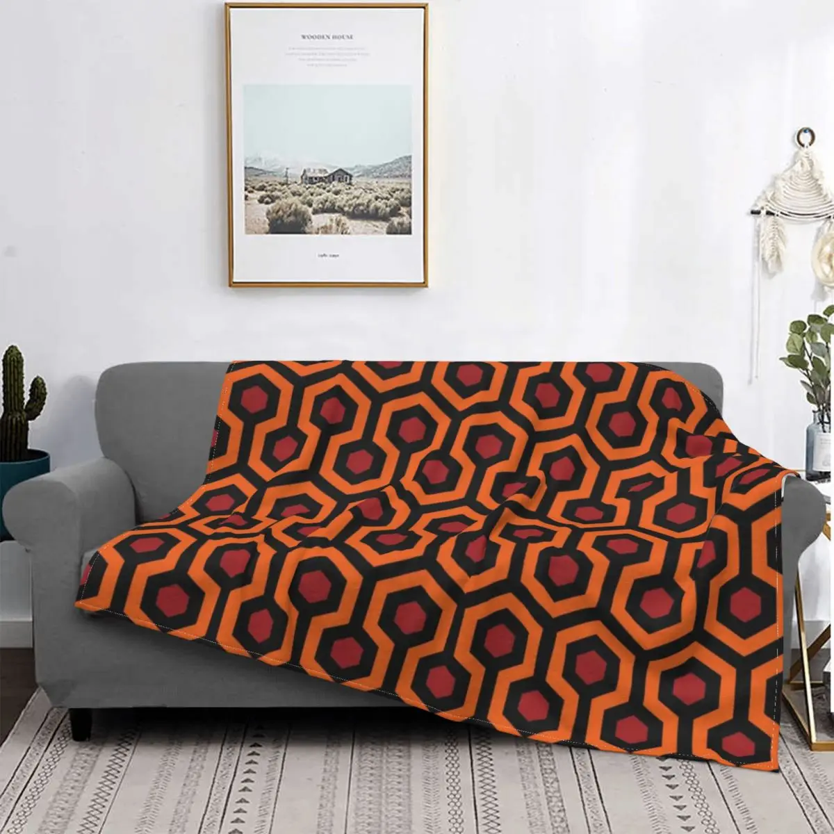 

Orange Shining Looped Hexagons Overlook Hotel Carpet Blankets Soft Flannel Vintage Geometric Throw Blanket for Couch Car Bedroom