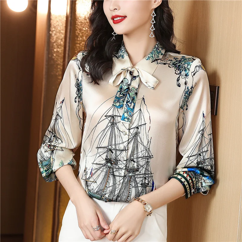 

Summer Shirt Women Blouse Long Sleeve Loose Poplin Printing Bow Tie Korean Fashion New Casual Top Houthion