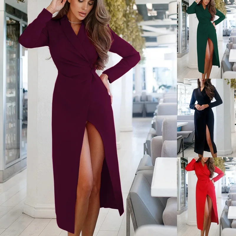 

2023 New Fashion Solid Split Button Long Dress