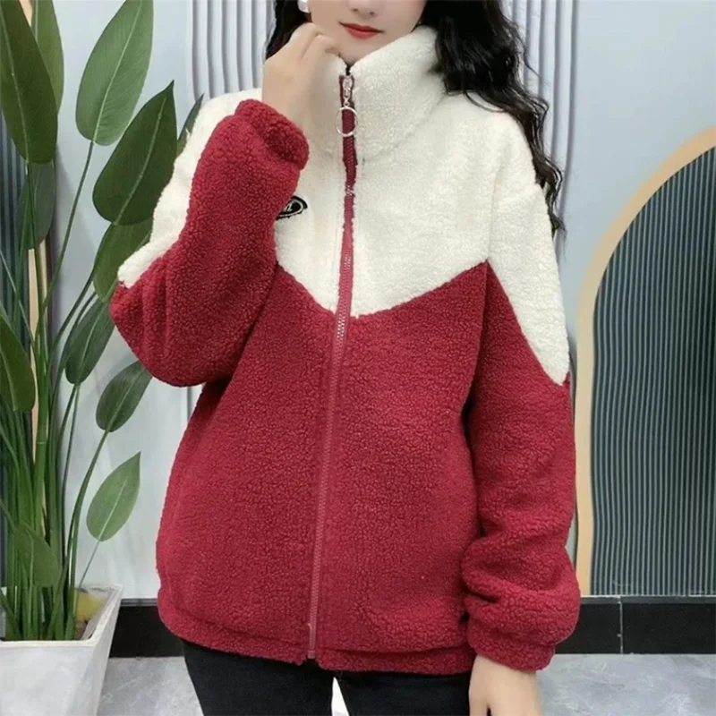 

Lamb Wool Polar Fleece Jackets Women Short Overcoat 2023 Winter New Thick Warm Parka Female Outwear Korean Loose Splicing Jacket