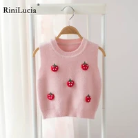 rinilucia 2022 korean style spring baby girl vest knitting round collar sleeveless strawberry flower waistcoat sweater clothes