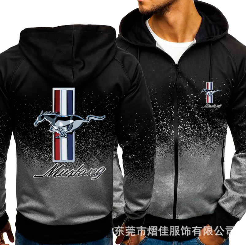 

NEW 2021 for MUSTANG Car Logo Print Casual HipHop Harajuku Gradient color Hooded Mens Fleece Sweatshirts zipper Jacket