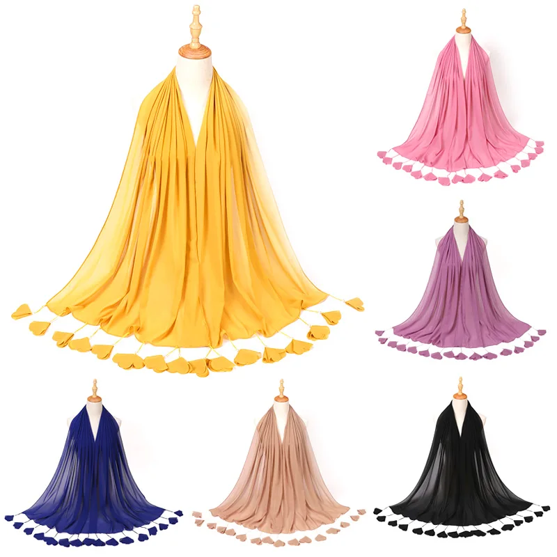 

New Women Solid Color Flower Pendant Long Headscarf Skin-friendly Chiffon Hijab Wrap Muslim Shawls Fashion Elegant