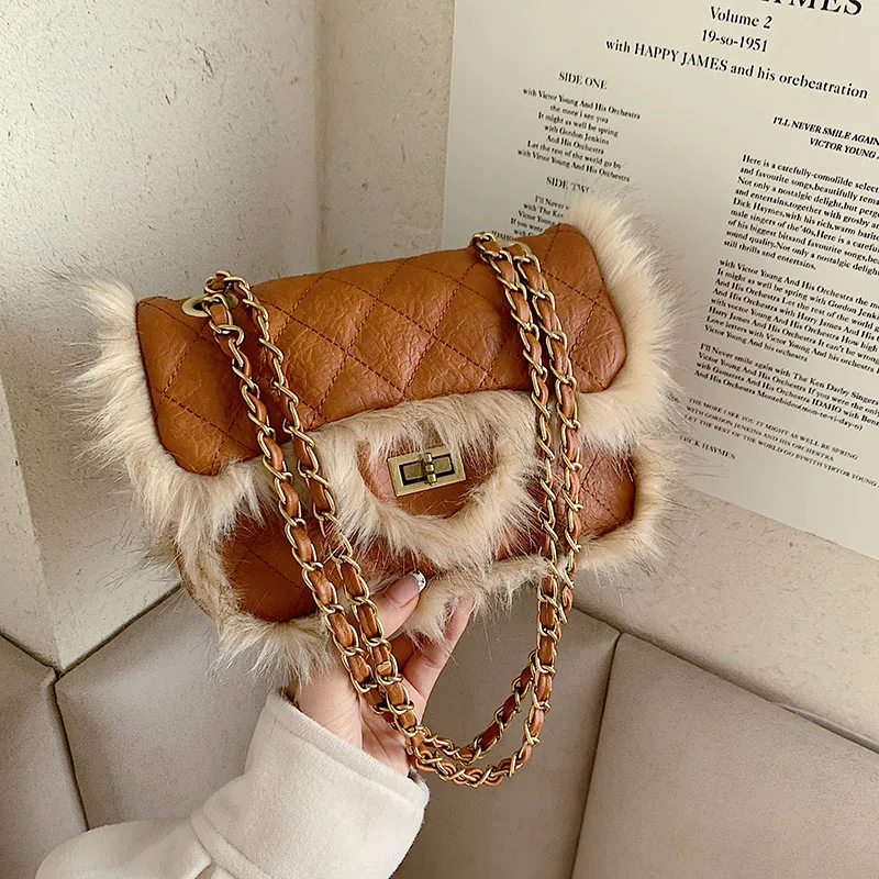 

High Quality Plush Small Square Bag PU Shoulder Bags for Women 2022 Chain Crossbody Bag Luxury Handbags and Purses Female Clutch