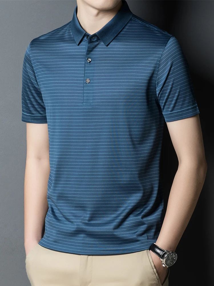 Hengyuanxiang Middle-Aged Short sleeve T-shirt Men 2024 Summer New Stripe Lapel Polo Shirt Containing Silk Daddy Clo... |
