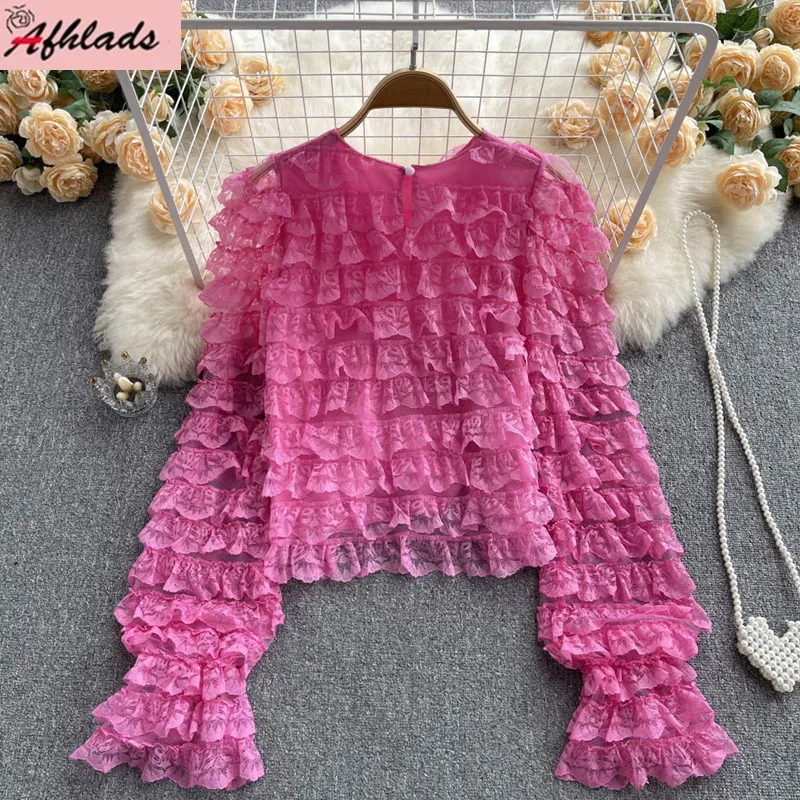 

Runway Spring Autumn Long Sleeve T-Shirt Summer New Lace Ruffle Loose Solid Color Round Neck Sweet Loose Women's Tops