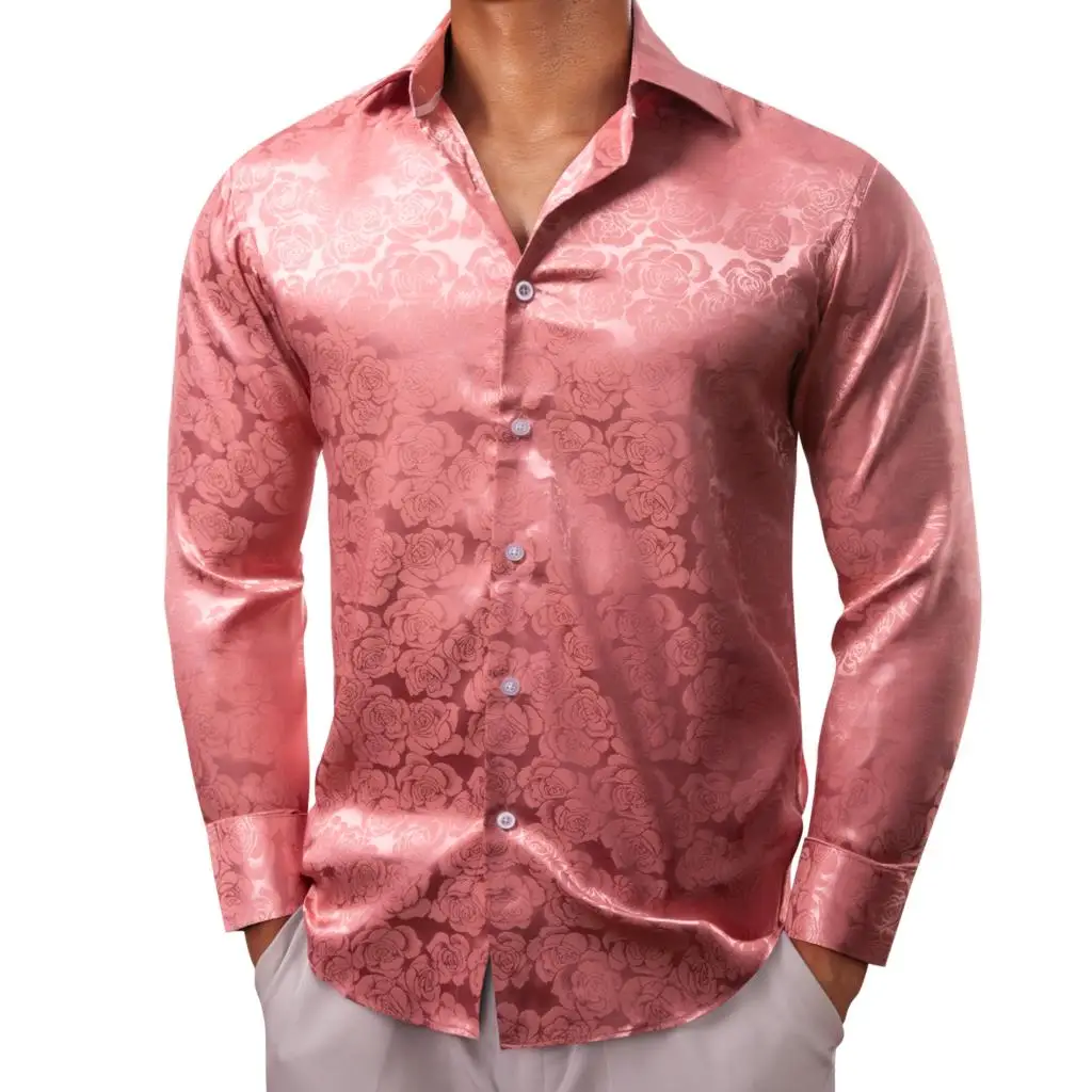

Роскошные рубашки для мужчин, шелковые атласные розовые приталенные мужские блузки с длинным рукавом и цветочным принтом, топы с отложным воротником, дышащая одежда