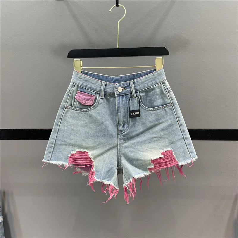 

Рваные джинсовые шорты, Новинка лета 2023, облегающие брюки трапециевидного силуэта контрастных цветов с завышенной талией, подчеркивающие индивидуальность, с широкими штанинами