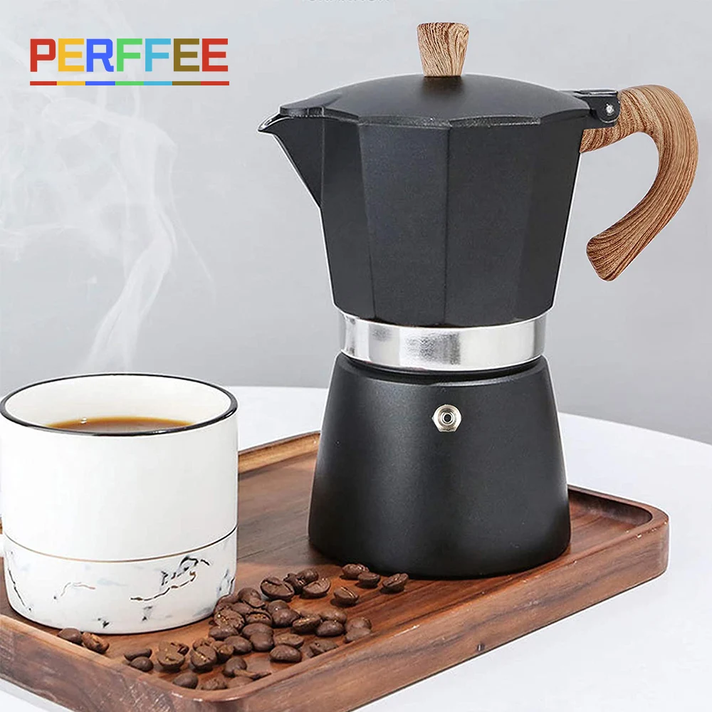 Aluminum Moka Pot Wood Handle Italian Espresso Coffee Maker Espresso Percolator Pot Sliver/ Red/ Black