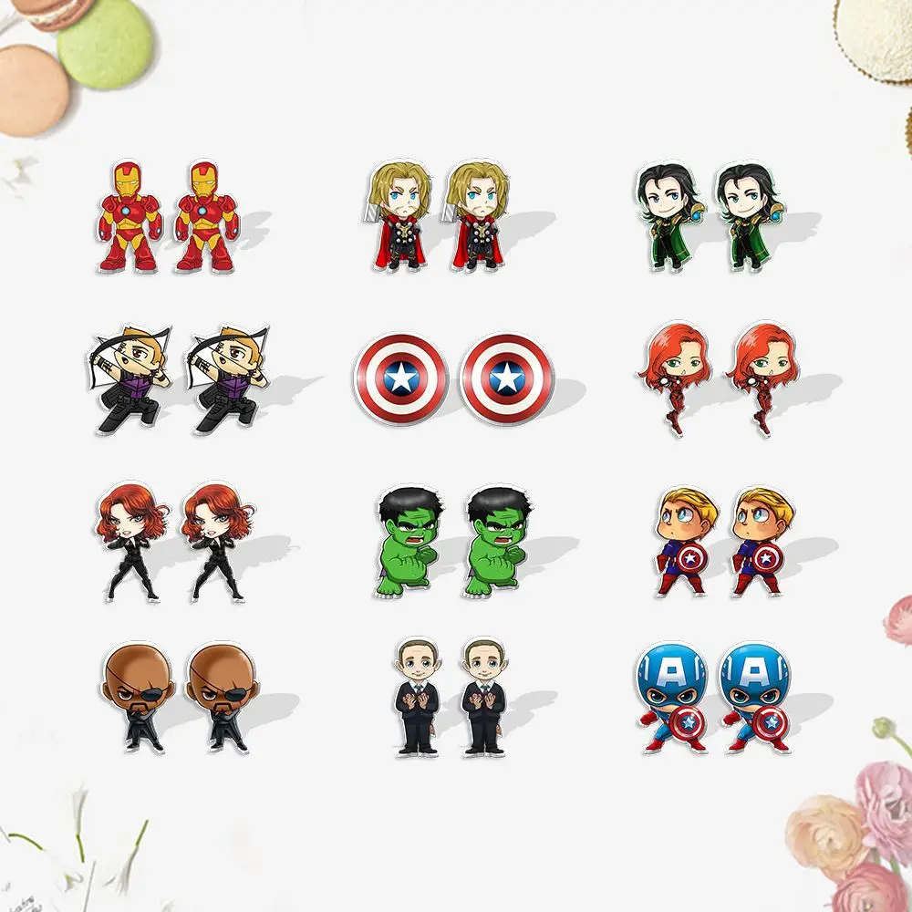 

Marvel Avengers Movie Cartoon Anime Earring Stud Captain America Deadpool Acrylic Accessories Simple Female Jewelry Girl Gift