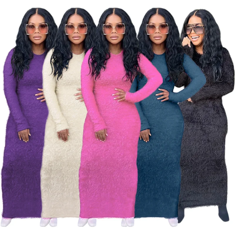 

WUHE Fleece Thick Warm Vintage Women O-neck Long Sleeve Solid Bodycon Maxi Long Dress 2023 Evening Sexy Party Club Prom Dresses