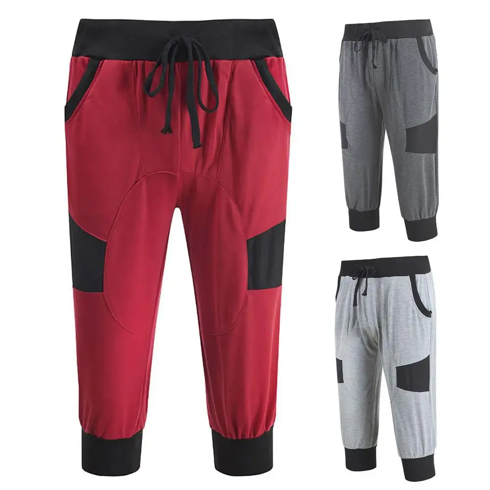 

Men Sweatpants Chic Mid-calf Length Patchwork Wide Band Spring Sweatpants Men Clothing Cropped Pants Spring Sweatpants