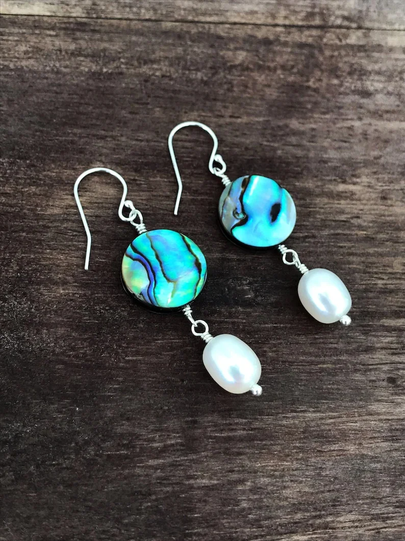 Abalone earrings with real peals, Sterling silver or gold, Paua shell dangle earrings Iridescent drop earrings Summer jewelry