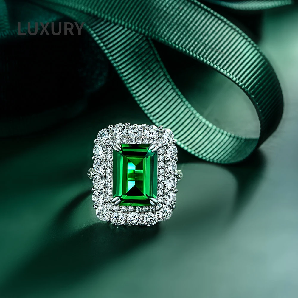 

Luxury100%S925 Sterling Silver 10*14mm Emerald High Carbon Diamond Ring For Women Sparkling Wedding Fine Jewelry Valentine Gifts