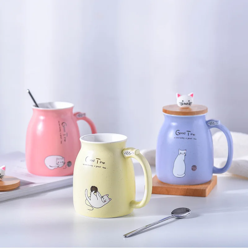 

450ml Cartoon Ceramics Cat Mug With Lid and Spoon Coffee Milk Tea Mugs Breakfast Cup Drinkware Novelty Gifts