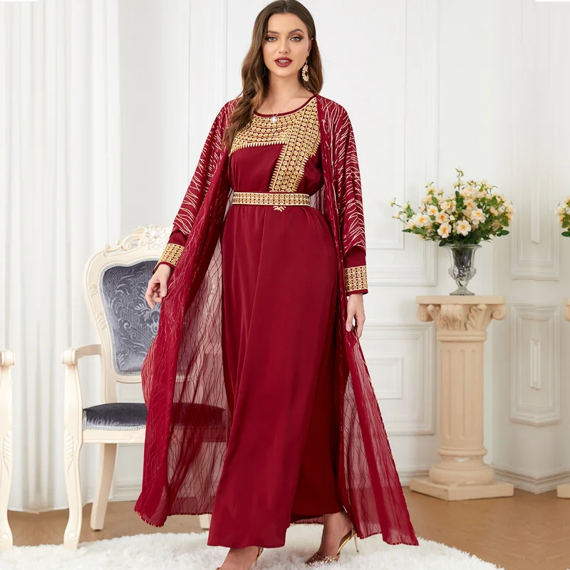 2023 Summer Autumn Muslim Women Long Sleeve O-neck Polyester Red Black Green 2 Pieces Set Dress Coat Matching Sets  Muslim Sets