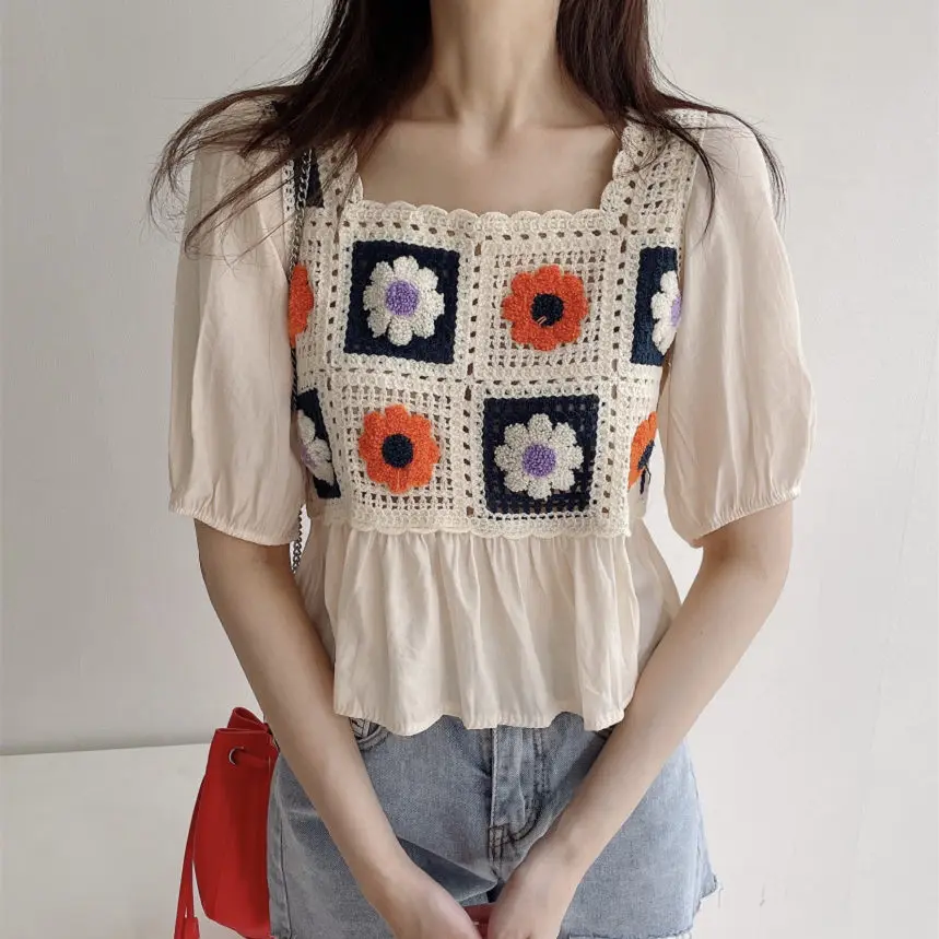 Симпатичные шифоновые блузки с цветочной вышивкой и кружевом в стиле пэчворк