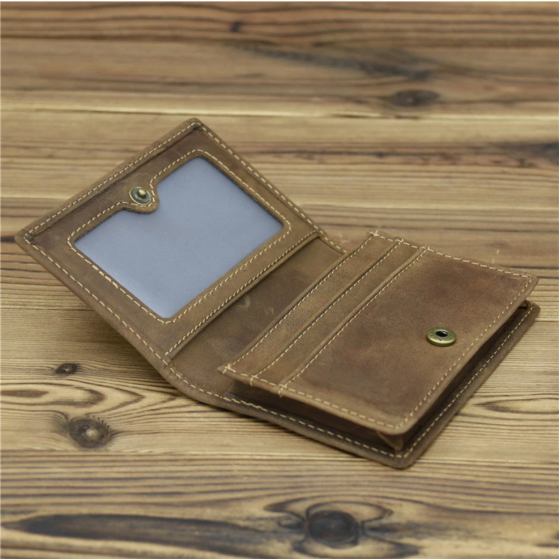 Male Female Genuine Leather Head Layer Cowhide Crazy Horse Large Capacity Button Bag Wallet Retro Small Case Card Holders Purse