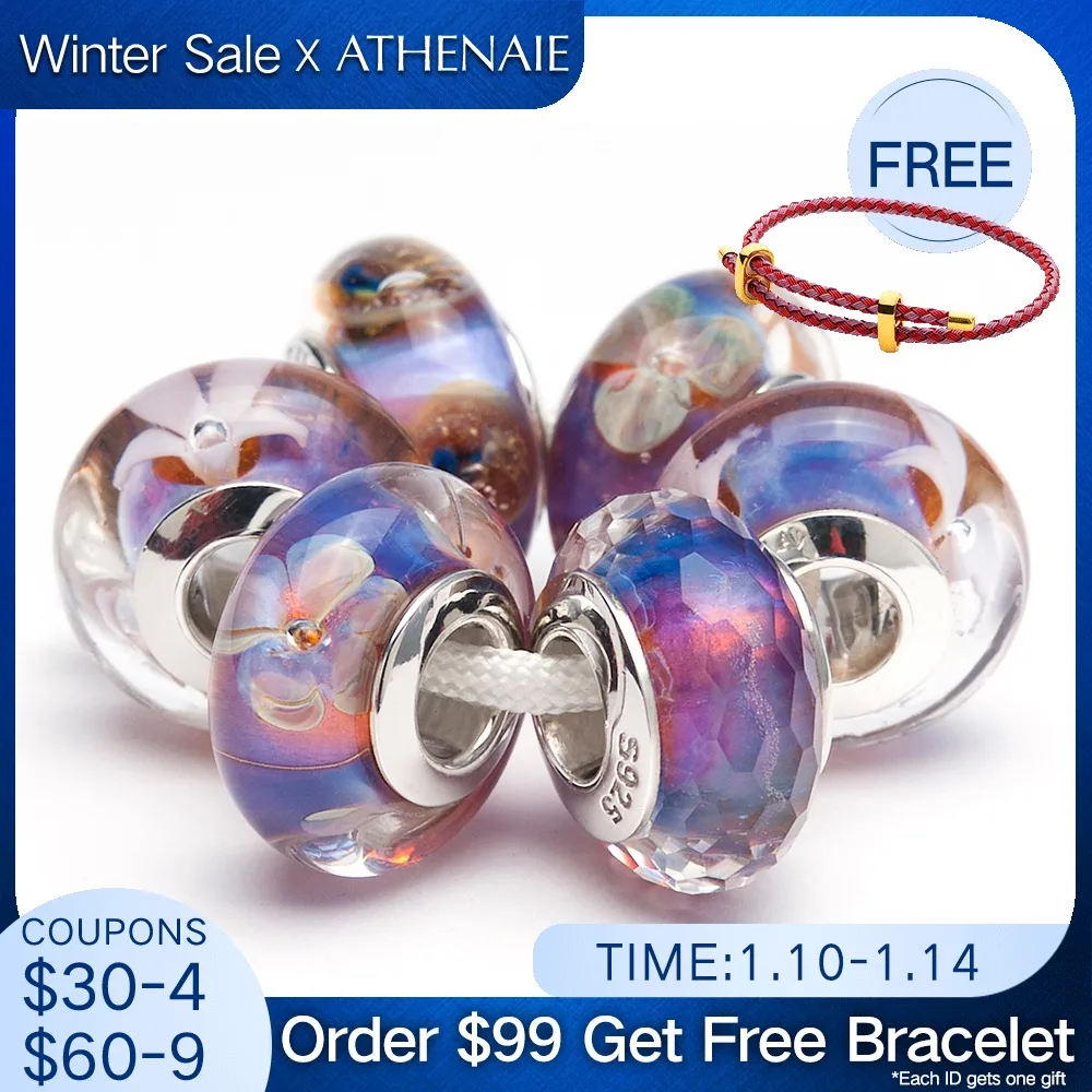 

ATHENAIE 925 Sterling Silver Core Romantic Purple Murano Glass Charm Beads Kits Fit European Bracelets Necklaces for Valentine