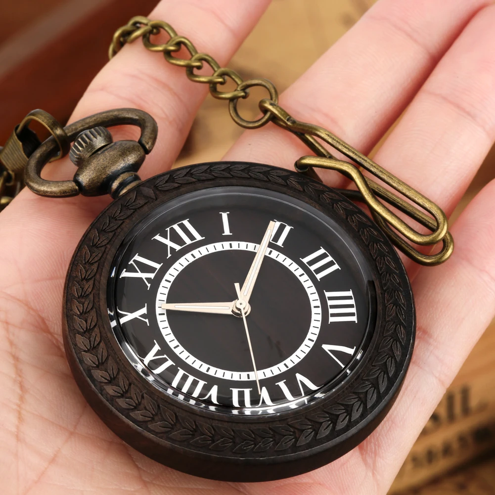 Men Vintage Quartz Pocket Watch Pendant Ebony Wooden Gifts for Men Women Roman Numeral Fob Watch Analog Clock Relógio De Bolso