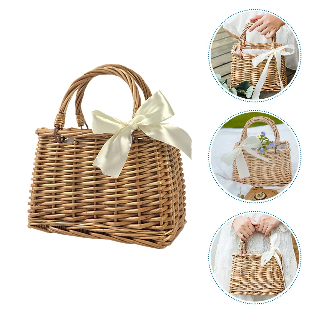 

Basket Bag Straw Rattan Woven Flower Wicker Baskets Beach Tote Willow Bags Hand Girl Wedding Hobo Natural Summer Picnic Wooden