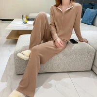 spring and autumn knitted suit womens double zipper cardigan wide leg pants two piece soft sweater jacket fashion sportswear