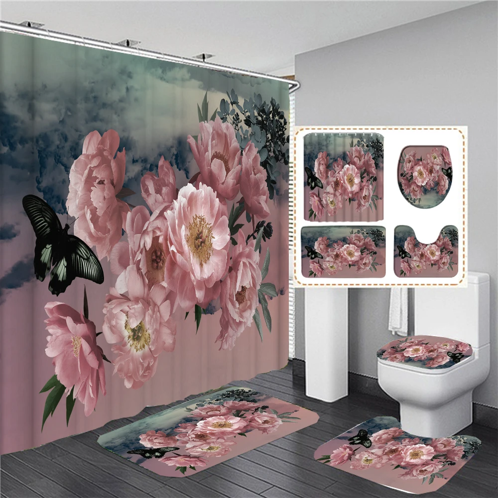 

Flowers Shower Curtain 3D Print Bathroom Curtain Waterproof Anti-slip Plants Bath Mat Set Bathroom Decor Flower Bath Curtains