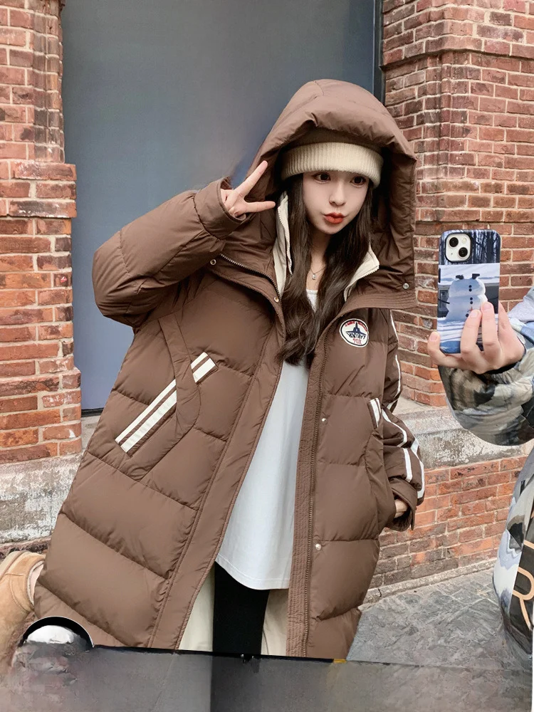 Дизайнерская Свободная куртка на белом утином пуху с капюшоном в стиле преппи