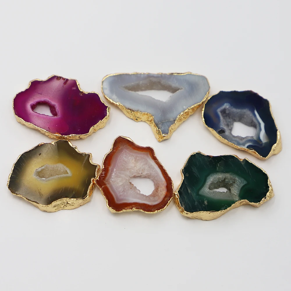 Natural Stone Agates Irregular Geode Polished Gold Crystal Slice Pendants Decoration Brazil Healing Reiki Mineral Home Decor 1PC