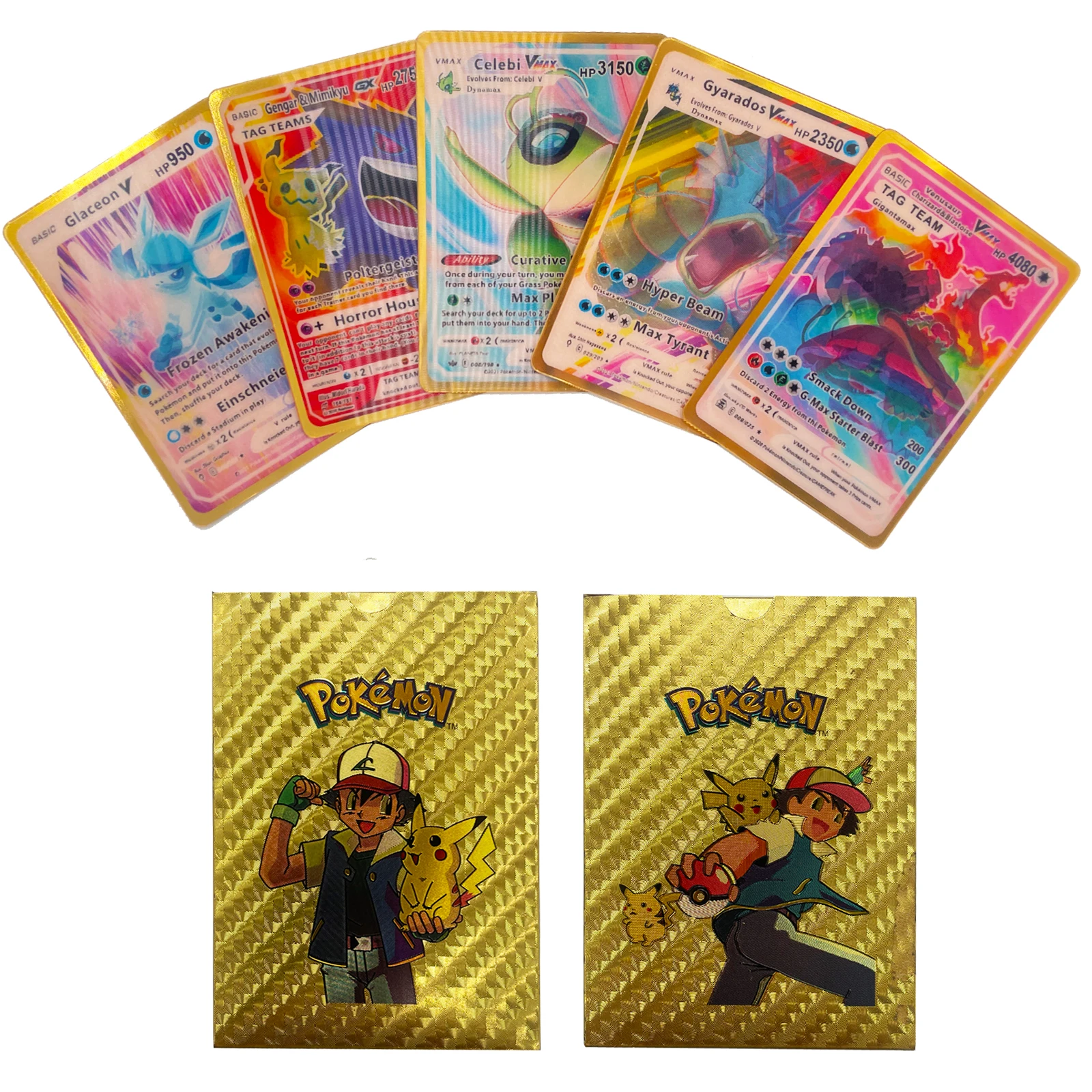 27Pcs Pikachu Cards English Spain 3D Shining Rainbow Cards Gold Silver Black Vmax Gx Pokemon Charizard Trading Game Battle Card