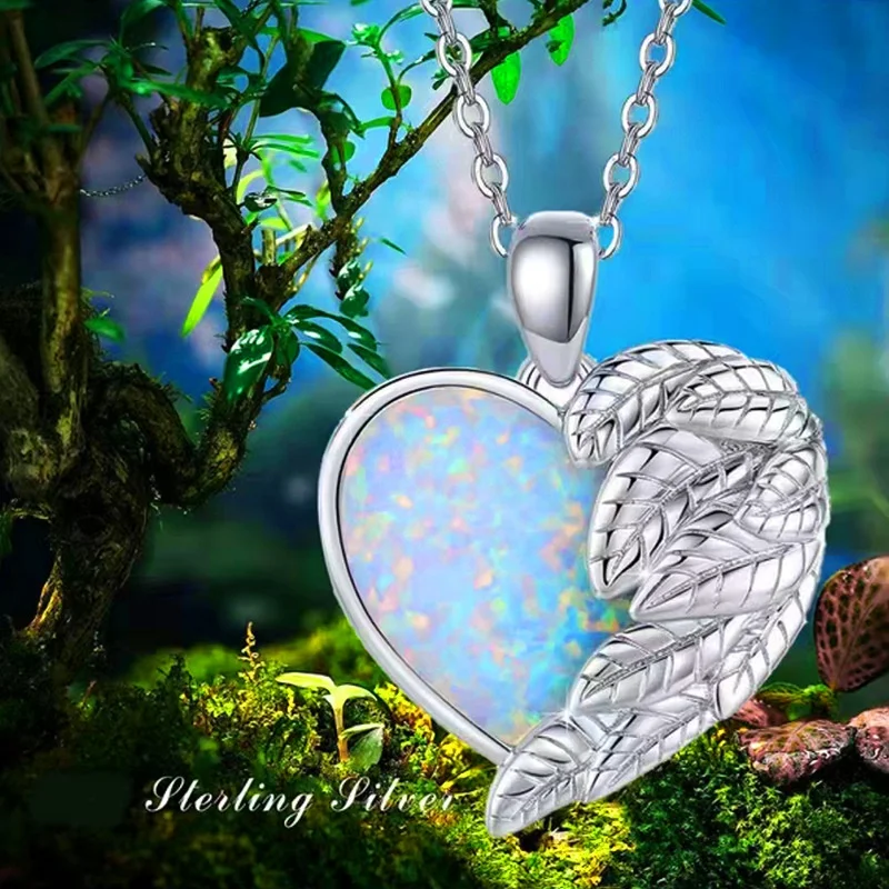 

Romantic Opal Heart Feather Pendant Necklace For Women Angel Wings Engagement Necklaces Anniversary Valentine's Day Jewelry Gift